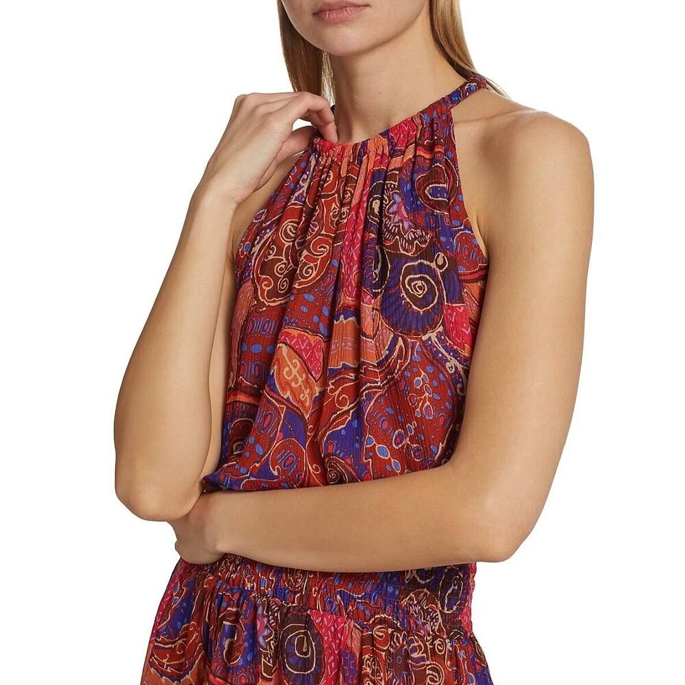 ALC Cory Dress 8 Terracotta Paisley Silk High Neck Smocked Waist Tiered Mini - Picture 9 of 15